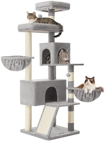 Feandrea Cat Tree, 68.5-Inch Tall Cat Tower, Multi-Level Plush Condo with Large Perch, Scratching Posts, Double Caves, Dove Gray UPCT006G01