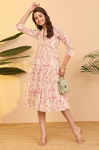 Image of Janasya Women's Light Pink Pure Cotton Floral Printed Tiered Dress