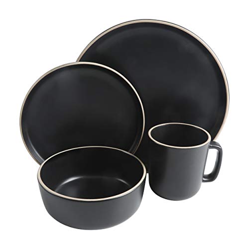 Image of Gibson Home Zuma 16 Piece Round Kitchen Dinnerware Set, Dishes, Plates, Bowls, Mugs, Service for 4, Matte Stoneware, Black