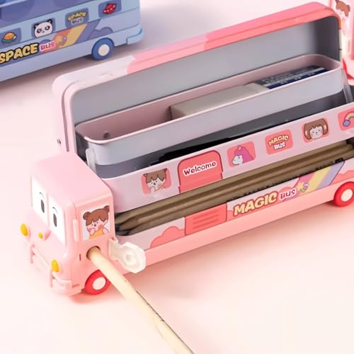 Image of Storio Bus Shape Pencil Box School Bus Metal Geometry Box for Kids Magic Bus with Moving Tyres with 3 Compartments Moving Tyre's & Sharpener Geometry Case for Boys & Girls - Unicorn, Multicolor