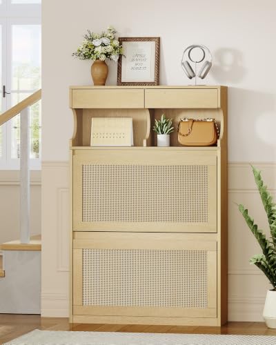 Hzuaneri Schuhschrank Rattan, Schuhkipper Schmal, 16 Paar, Gelb – Ansicht 3