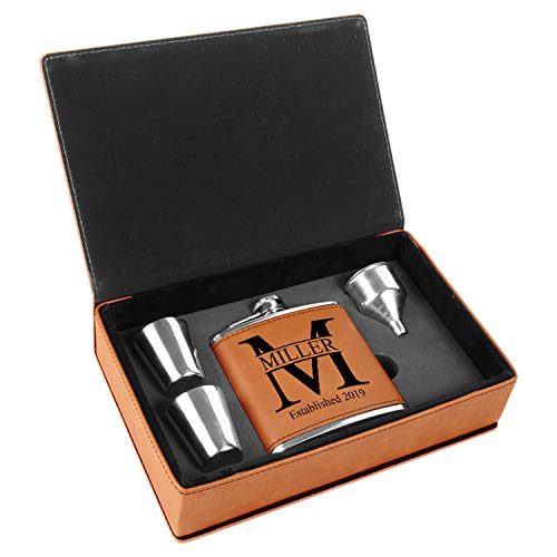 Personalized Leatherette Flask Gift Set | Custom Engraved (Rawhide)