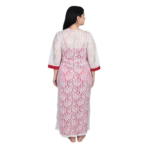 Image of Women Satin Solid Nightwear Maxi Set Nighty with Net Sleep Robe for Women, Dark Pink