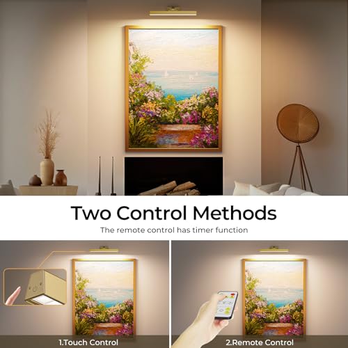 Image of Afyuol Picture Lights for Wall, Brushed Gold Battery Operated Picture Light 16in Art Light CCT Dimmable Recharging Battery Wall Light with Remote Control for Living Room Gallery