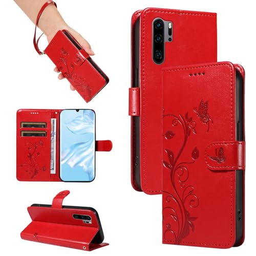 SRISHP Cover per Huawei P30 Pro, Magnetica Cover a Libro con Slot per Schede, Custodia in PU Pelle Portafoglio per Huawei P30 Pro, Rosso