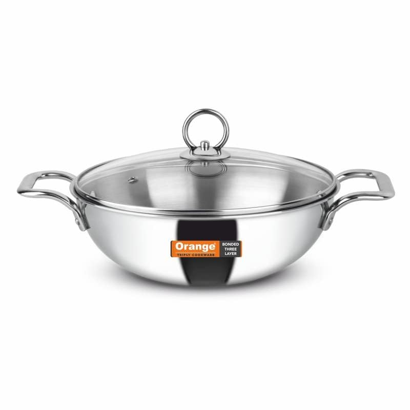 Image of Orange Triply Stainless Steel Deep Kadai with Glass Lid 2.0 litres Capacity (20 cm Diameter) | 20 cm Heavy Bottom with Cool Touch Handle | Silver (Induction and Gas Stove Friendly) | 5 Year Warranty