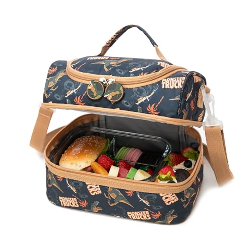 Image of Insulated Kids Dual Compartment Lunch Bags Tote Pack for Girls Boys Toddler Kindergarten School Picnic Cooler Thermal Lunch Boxes with Strap Truck Dinos