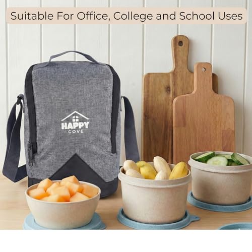 Image of Happy Cove Eco Friendly Lunch Box for Office Use, Made of Wheat Straw and Rice Husk, 3 Microwave Safe Blue Containers, Tiffin Box for Men with Grey Lunch Bag, Microwave Safe, Oven Safe, Unbreakable