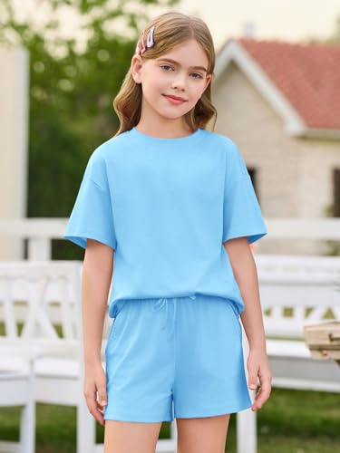 Image of Haloumoning Girls Summer 2 Piece Outfits Kids Oversized T Shirts and Shorts Clothing Sets 5-14 Years
