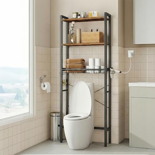 VASAGLE Over The Toilet Storage, Over Toilet Bathroom Organizer with Adjustable Shelves and Basket, 3 Hooks, Space Saving, 9.4 x 23.6 x 63 Inches, Rustic Brown UBTS113KD01S Rustic Brown 3 Ti