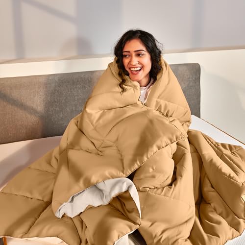 Image of SleepyCat Polyester Summer Reversible AC Comforter - Hotel Like Feel 120 GSM Lightweight Blanket, Quilted Design, Machine Washable - Coffee & Cream (Single Size 90x60)