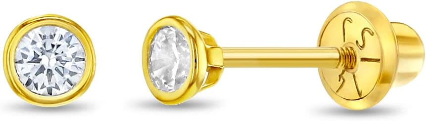 14k Yellow Gold Tiny 3-4mm Bezel Set Solitaire CZ Screw Back Earrings for Young Girls - Size Small Round Screw Backs for Babies, Infants & Toddlers