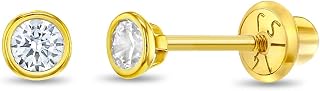 14k Yellow Gold Tiny 3-4mm Bezel Set Solitaire CZ Screw Back Earrings for Young Girls - Size Small Round Screw Backs for Babies, Infants & Toddlers