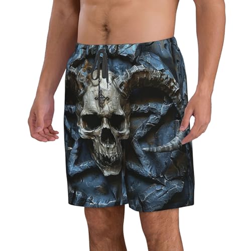 Skull and Horns Evil Pentagram Satanic Death and Dark Men's Quick Dry Swim Shorts, Mesh Lined Beach Trunks with Pockets 5