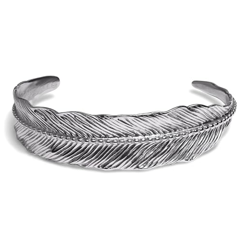 Elegatto Premium Feather Silver Cuff Bracelet for Men | Marine-Grade Stainless Steel with Hand Etched Detailing | Men’s Designer Jewelry | Small to Medium