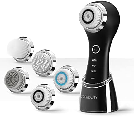 COSBEAUTY Sonic Facial Cleansing Brush Gentle Exfoliator Deep Cleansing Brush Electric Face Scrubber with 5 Brush Heads, IPX7 Waterproof, Wireless Rechargeable, 3 Speeds Adjustment (Black)