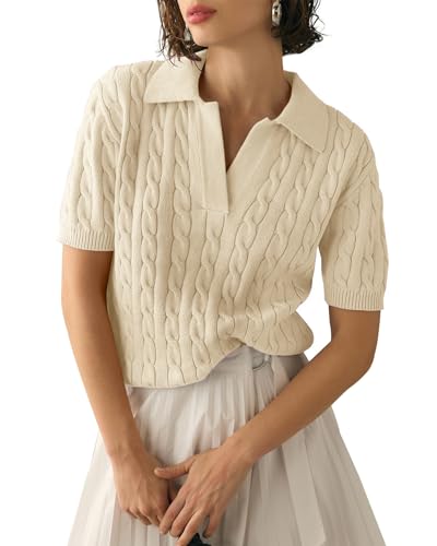 Image of BeautyNee Women's Short Sleeve Sweaters Tops Solid Lapel V Neck Cable Knit Polo Sweater Casual Soft Collared Pullover