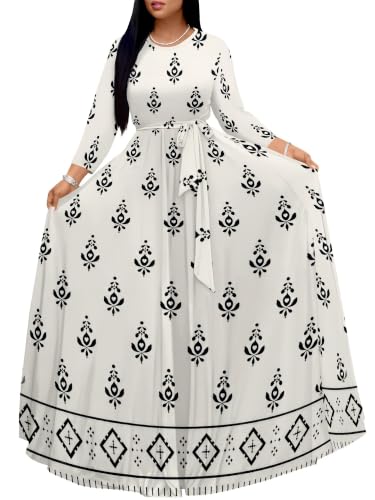 Image of Women Plus Size Long Sleeve V Neck Maxi Dress with Belt | Soft fabric relaxed fit three quarter sleeve v neck with pockets for party and daily wear