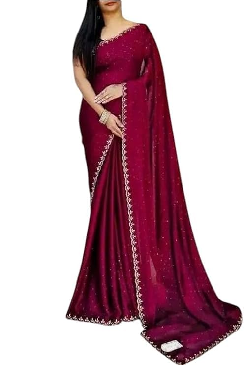 JS Clothing MartWomen's Dailywear Georgette Stone Work Saree with Border & All-Over Stone Embellishments – Wedding Saree with Blouse Piece (5 Colors, 5.5m Saree + 0.8m Blouse)