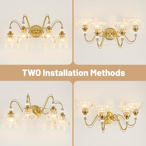 Image of Vintage Bathroom Vanity Light, 4-Light Brushed Gold Finish Wall Sconce with Hanging Crystal Accents and Flower-Shaped Clear Glass Shades, Retro Wall Mount Vanity Light Over Mirror for Bathroom