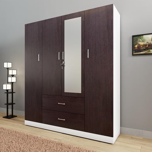 Image of VIKI Wardrobe | Wooden Almirah for Clothes,Door for Bedroom, 4 Door Wardrobe with Drawer, Mirror & Hanging Space (White & Wenge - 40D x 160W x 180H) | 1 Year Warranty | Free Assembly