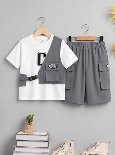 Image of Kids Boys 3-Piece Outfit Set | Half Sleeve T-Shirt, Utility Vest & Cargo Shorts with Cap | Stylish Casual Summer Clothing Set for Boys