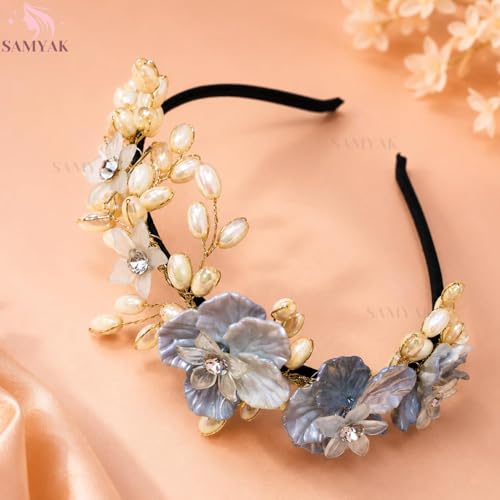 Image of Samyak Pearl & Crystal Hair Band Accessories For Women & Girls, Stylish Tiara Headband For Wedding Party Juda Bun Fashion For Bridal Hair Decoration Accessory
