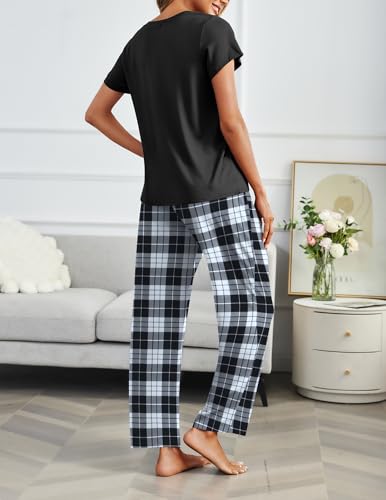 Image of Ekouaer 2 Pack Pajamas for Women Set Short Sleeve Pj Top and Printed Pants | Soft PJs Cozy Printed Lounge Sets Comfy Sleepwear with Pockets