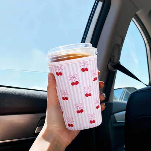 Image of Reusable Insulated Sleeve for Iced Coffee Cup, 3-Pack Coffee Neoprene Drink Sleeve for Cold & Hot Drinks, Beverage Holder for Iced Coffee (Pink Striped Cherries)