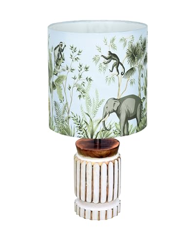 Image of Homesake Retro Farmhouse Table Lamp for Living Room Bedroom Rustic Linen Bedside Nightstand Lamps for Kids Room Study Office Wood, Carved Cylinder, (Jungle)