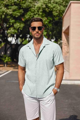 Image of COOFANDY Men's Linen Shirts Short Sleeve Casual Shirts Button Down Shirt for Men Beach Summer Wedding Shirt