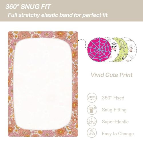 Image of CaTaKu Mini Crib Sheets Fitted for Girls Boys Retro Orange Flower Baby Crib Sheets, Neutral Mattress Sheets Nursery Toddler Bed Sheets 28 inchx 52 inch