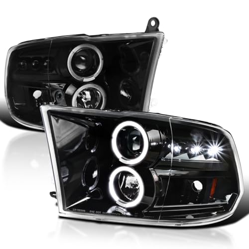 Spec-D Tuning Jet Black LED Dual Halo Projector Headlights Compatible with 2009-2018 Dodge Ram 1500, 2010-2018 Dodge Ram 2500/3500, Left + Right Pair Headlamps Assembly