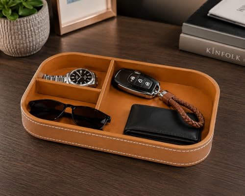 Image of Valet Tray Organizer, Premium Vegan Leather, Multi-Compartment Design, Versatile Desk & Dresser Tray, Tan, 10 x 8 x 1.5 in