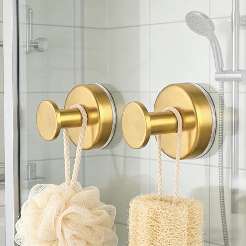 Image of HUFEEOH Suction Cup Hooks for Shower, Suction Hooks Wall Hanger for Hanging, Removable Towel Holder for Bathroom, Kitchen, Glass Door, Mirror, Tile (2 Pack O Shape - Gold)