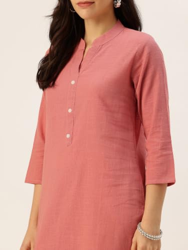 Image of feranoid Women's Plain Cotton Kurta with Mandarin Collar, 3 /4 Sleeves & Pocket