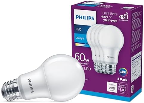 PHILIPS LED Frosted Non-Dimmable A19 Light Bulb - Pack of 4 - EyeComfort Flicker Free - 8.8W = 60W - 800 Lumen - Daylight (5000K) - E26 Base - Indoor - Title 20