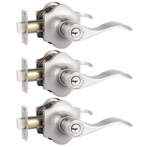 knobelite Camelot Trim Keyed Entry Lock 3 Pack Exterior Door Lever for Security, Satin Nickel Wave Door Lever for Front Door, Right/Left Handed Reversible Door Locks Keyed Different for Each Pack