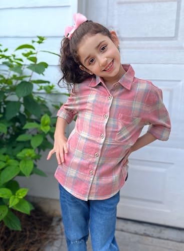 Image of SELINK Girls Long Sleeve Flannel Buffalo Plaid Button Down Shirt | Soft Flannel Fabric,Classic Buffalo Plaid Button Down Collared Blouse For Girls Casual Daily Outfits