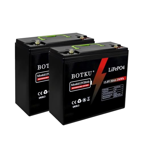 BOTKU 12V 20Ah Lithium LiFePO4 Deep Cycle Battery 2 Pack, 3000+ Cycle Rechargeable Lithium Iron...