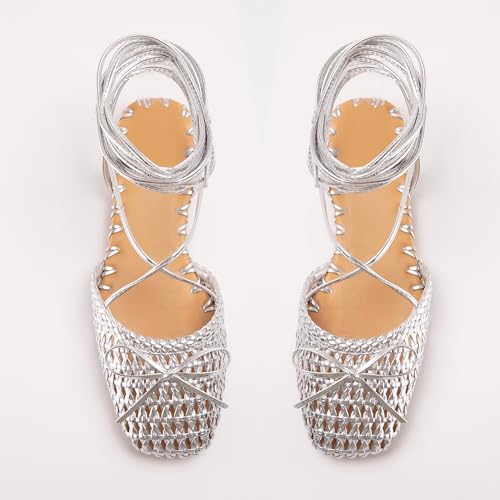 Image of Woven Ballet Flats for Women Lace Up Closed Square Toe Summer Sandals Dressy Shoes