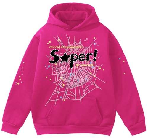 EMILYLE Y2K Spider Hoodie Cobweb Pattern Print Unisex Sweatshirt Men Women Graphic Outwear(rose2 S)