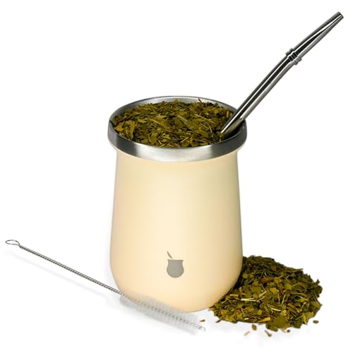 Materos Yerba Mate Cup and Bombilla Set, 8 oz Double Walled Stainless Steel (Includes Bombilla/Straw and Cleaning Brush) Traditional Mate Tea Gourd Set