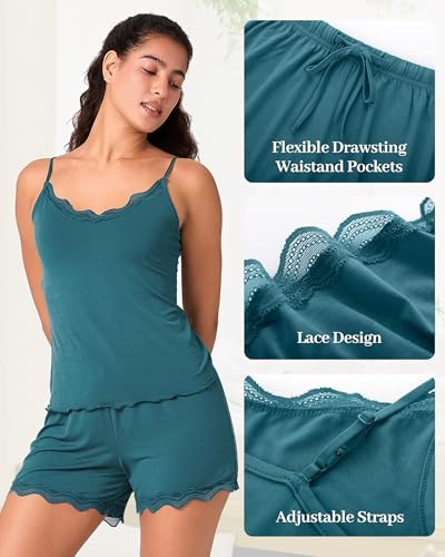 Image of BAMBOO COOL Women's Pajama Sets Lace Trim PJ Set with Shorts Sexy Ruffles Sleepwear for Women