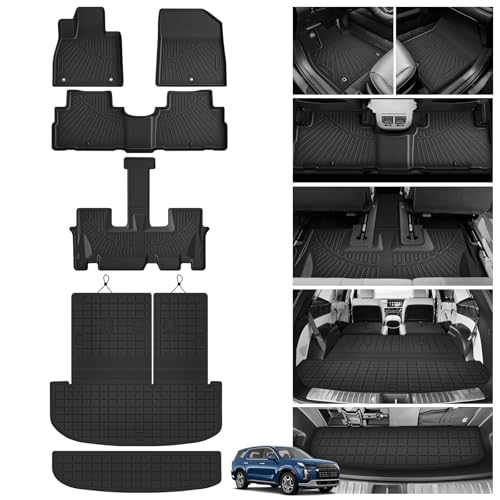Powerty Floor Mats for 2020-2024 2025 Hyundai Palisade 7/8 Seat Car Mats All Weather TPE Cargo Liner Backrest Mats Trunk Lower Car Mat Interior Protector Full Set for Palisade Accessories