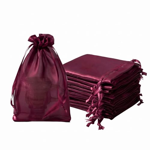 Image of QIANF 20 Pcs Burgundy Small Organza Bags 6X9 inch for Wedding Favors with Drawstring, Glossy Mesh Gift Bags Jewelry Pouch for Candy Bridal Shower Party Favor Baby Shower Christmas