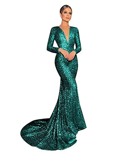 Long Sleeves Sequin Prom Dresses V Neck Glitter Mermaid Evening Party Gowns Formal Dress4