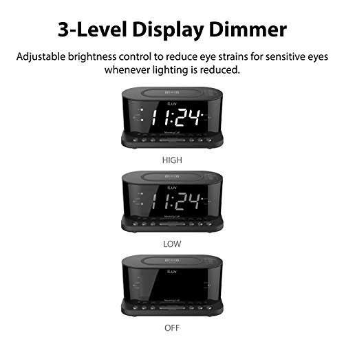 iLuv Morning Call 5 Qi-Certified Wireless Charging Bedside Digital Alarm Clock, 1.2" Jumbo LED Dual Alarm, FM Radio with 10 Presets, USB Charging Port, Sleep Timer, 3-Level Dimmer, Battery Backup - Thumbnail 5