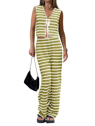 Tankaneo Womens Crochet Sets 2 Piece Outfits Tie Front Sleeveless Vest Tops Wide Leg Pants Striped Knit Y2K Matching Sets