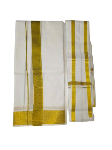Image of Shri Bhargavas Men's Traditional Cotton Dhoti (2.0 Mtrs) + Angavastram (1.75 mtrs) - White Color with Big Golden Border